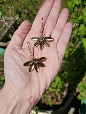 Cost Plus World Market 14K Gold Plated Floral Drop Earrings Semi Precious Stone